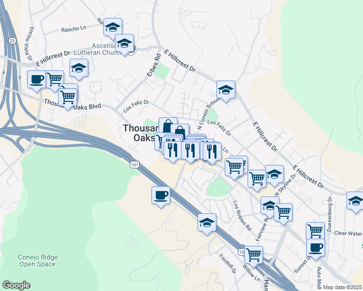 map of restaurants, bars, coffee shops, grocery stores, and more near 2250 South Conejo School Road in Thousand Oaks