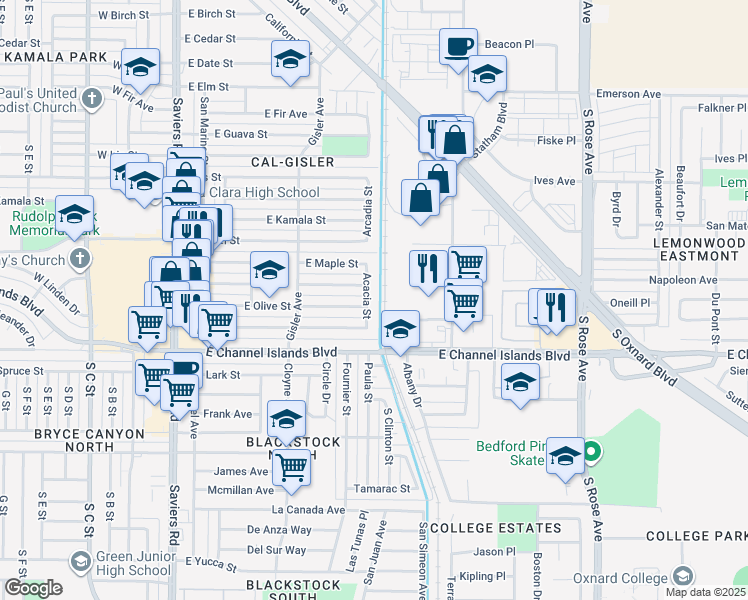 map of restaurants, bars, coffee shops, grocery stores, and more near 2720 Acacia Street in Oxnard