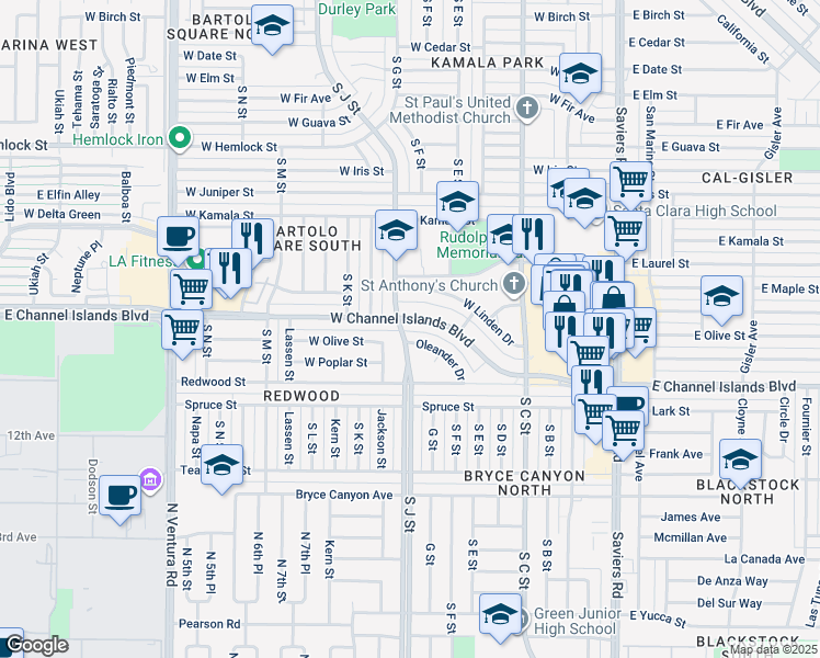 map of restaurants, bars, coffee shops, grocery stores, and more near 2720 South J Street in Oxnard