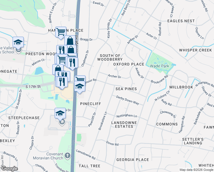 map of restaurants, bars, coffee shops, grocery stores, and more near 405 Brookshire Ln in Wilmington