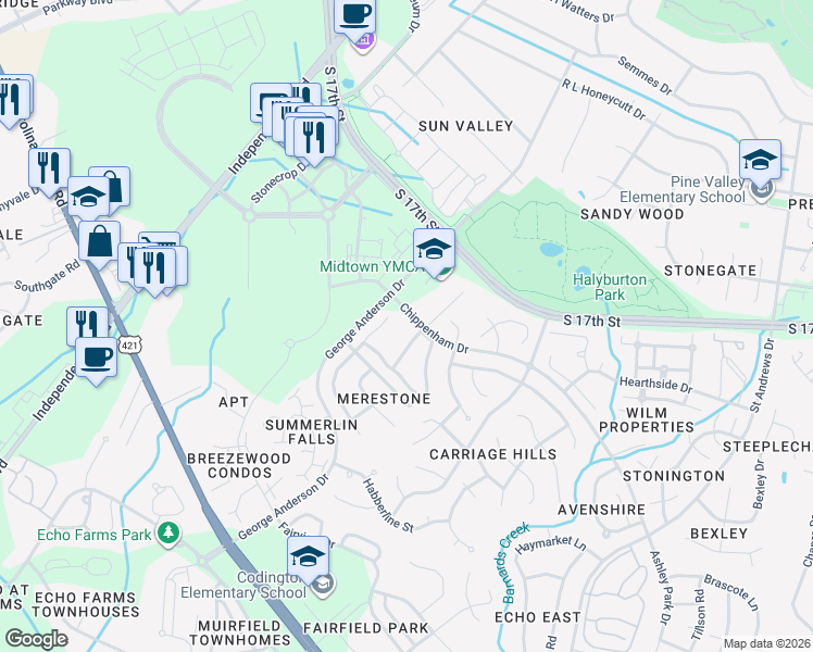 map of restaurants, bars, coffee shops, grocery stores, and more near 3837 Merestone Drive in Wilmington