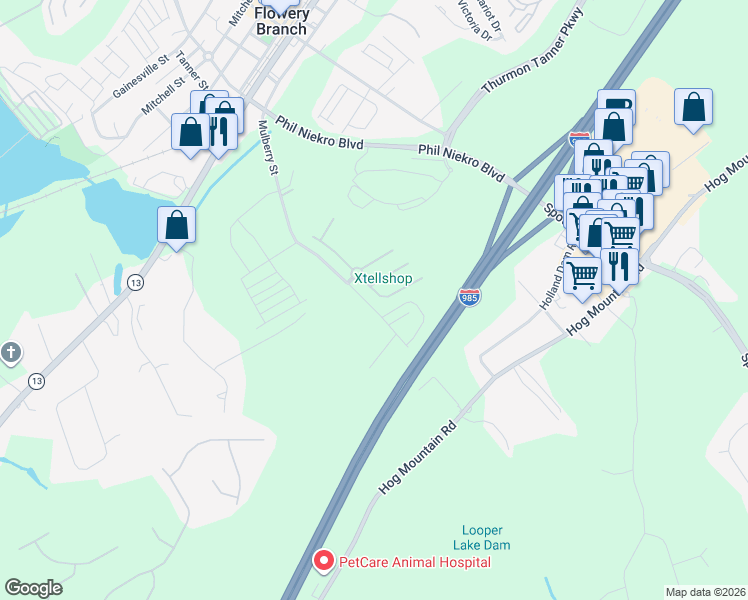 map of restaurants, bars, coffee shops, grocery stores, and more near 5822 Bridgeport Court in Flowery Branch