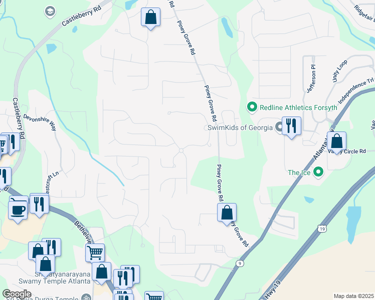 map of restaurants, bars, coffee shops, grocery stores, and more near 5225 Stonehaven View in Cumming