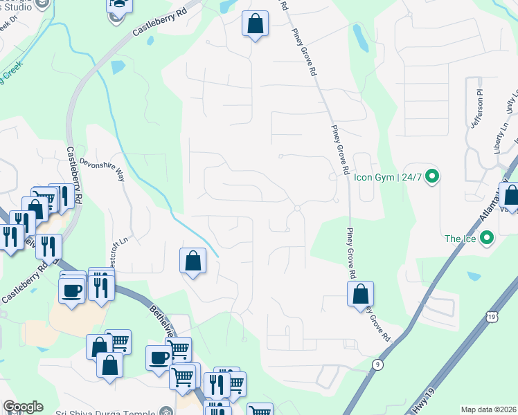 map of restaurants, bars, coffee shops, grocery stores, and more near 5705 Weddington Drive in Cumming