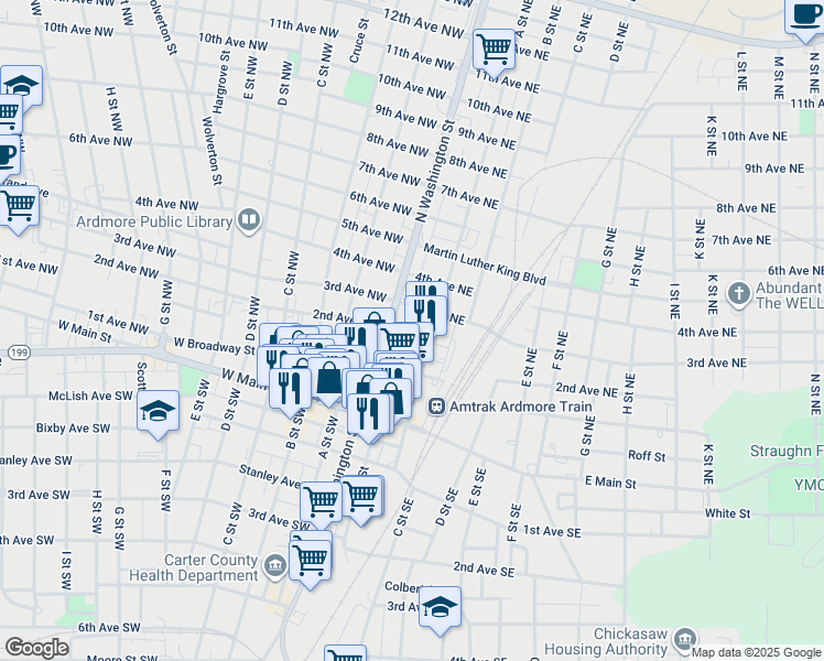 map of restaurants, bars, coffee shops, grocery stores, and more near 111 East Broadway Street in Ardmore