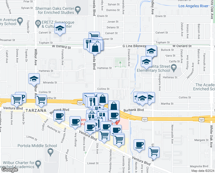 map of restaurants, bars, coffee shops, grocery stores, and more near 18419 Collins Street in Los Angeles