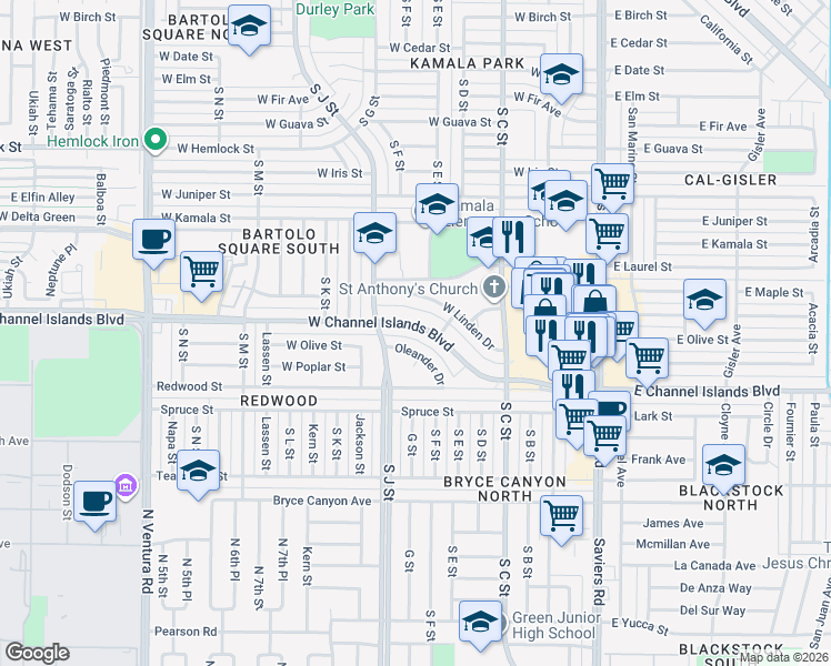 map of restaurants, bars, coffee shops, grocery stores, and more near 640 West Channel Islands Boulevard in Oxnard