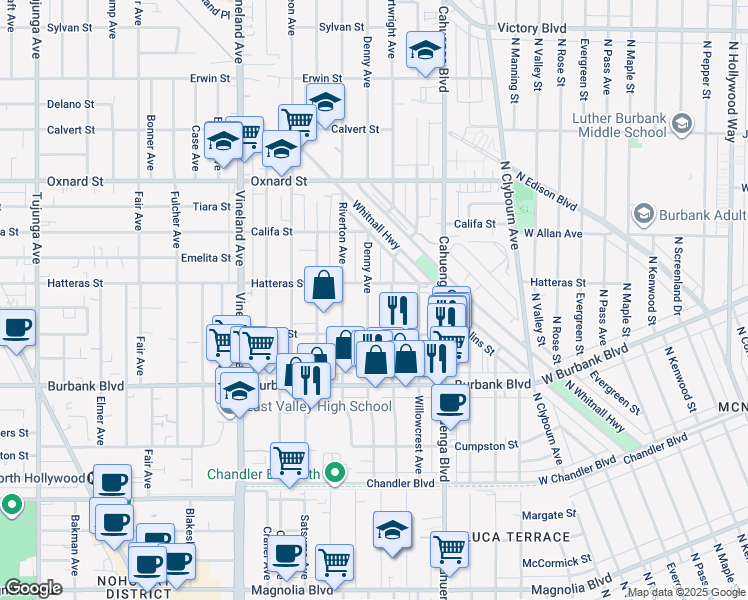 map of restaurants, bars, coffee shops, grocery stores, and more near 5738 Denny Avenue in Los Angeles