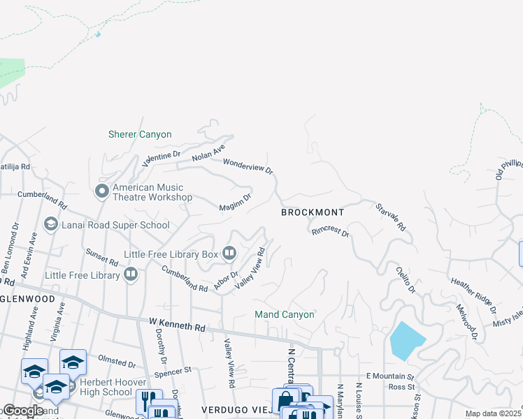 map of restaurants, bars, coffee shops, grocery stores, and more near 167 Wonderview Drive in Glendale