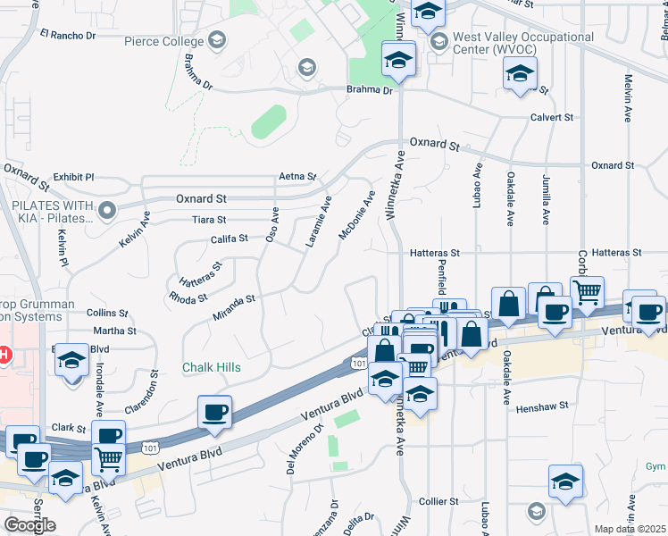 map of restaurants, bars, coffee shops, grocery stores, and more near 5666 Rawlings Avenue in Los Angeles