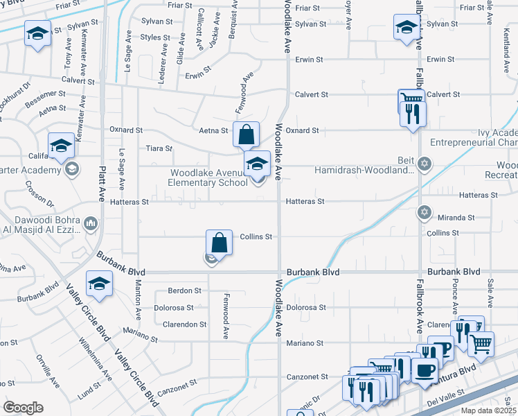 map of restaurants, bars, coffee shops, grocery stores, and more near 23236 Hatteras Street in Los Angeles