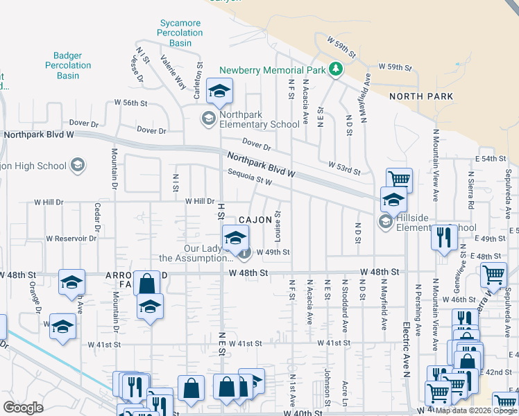 map of restaurants, bars, coffee shops, grocery stores, and more near 5150 North Berkeley Avenue in San Bernardino