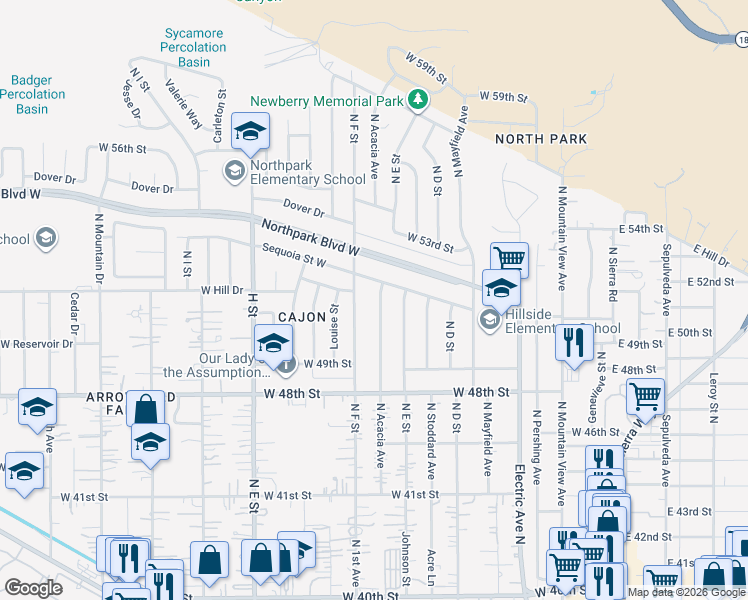 map of restaurants, bars, coffee shops, grocery stores, and more near 4996 North Acacia Avenue in San Bernardino