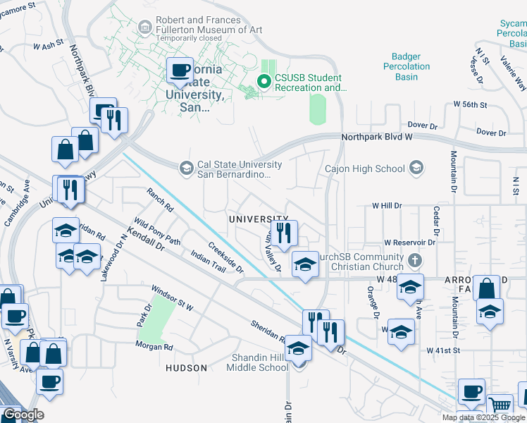 map of restaurants, bars, coffee shops, grocery stores, and more near 1442 West Lake Placid Drive in San Bernardino