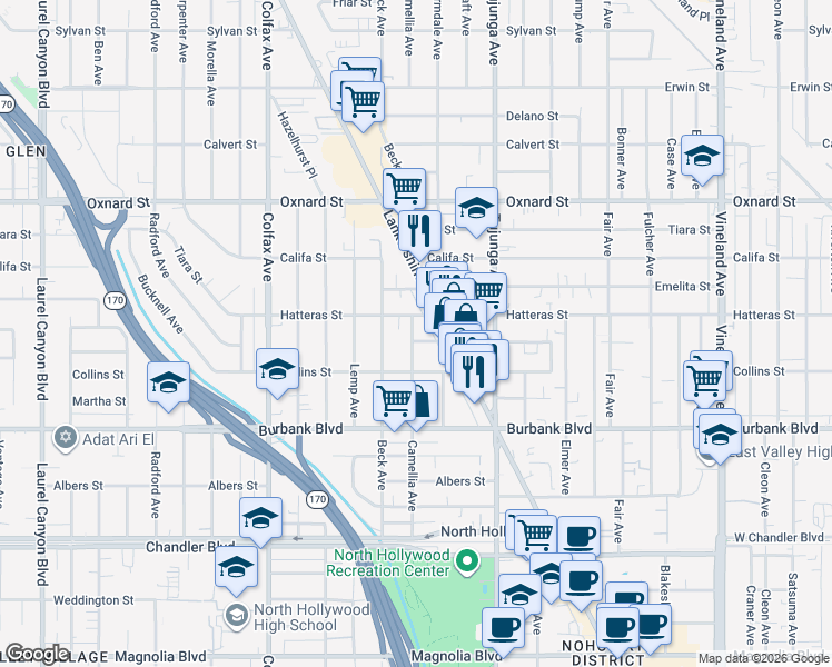map of restaurants, bars, coffee shops, grocery stores, and more near 11475 Collins Street in Los Angeles