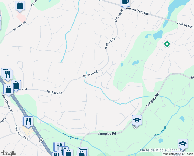 map of restaurants, bars, coffee shops, grocery stores, and more near 3101 Habersham Hills Road in Cumming
