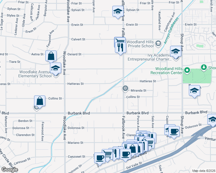 map of restaurants, bars, coffee shops, grocery stores, and more near 22900 Hatteras Street in Los Angeles