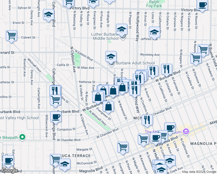 map of restaurants, bars, coffee shops, grocery stores, and more near 1440 North Maple Street in Burbank