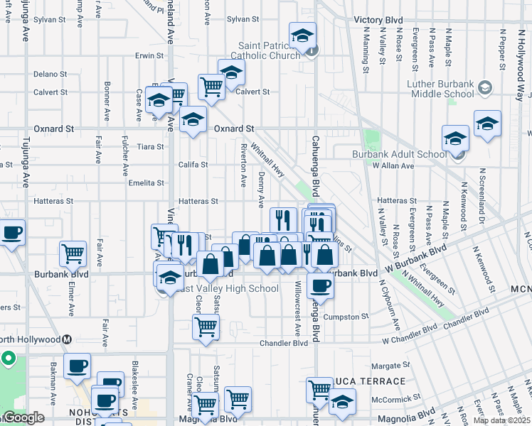 map of restaurants, bars, coffee shops, grocery stores, and more near 5738 Denny Avenue in Los Angeles