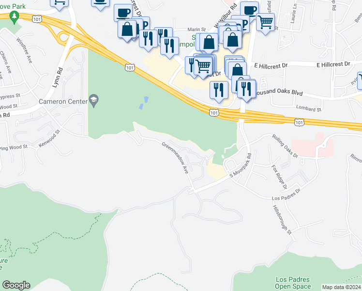 map of restaurants, bars, coffee shops, grocery stores, and more near 231 Green Heath Place in Thousand Oaks