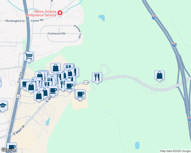 map of restaurants, bars, coffee shops, grocery stores, and more near 160 Main Street Market Place in Cartersville