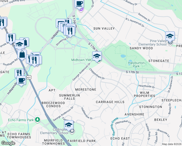 map of restaurants, bars, coffee shops, grocery stores, and more near 3837 Merestone Drive in Wilmington