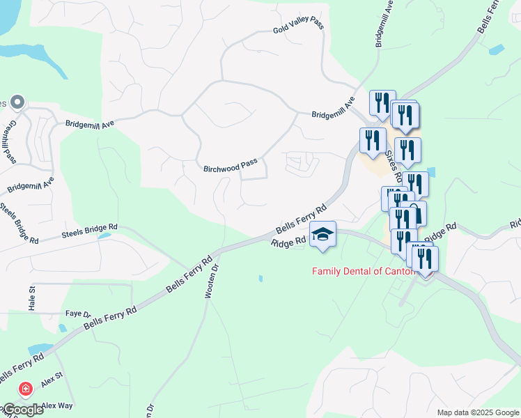 map of restaurants, bars, coffee shops, grocery stores, and more near 346 Pinehurst Way in Canton