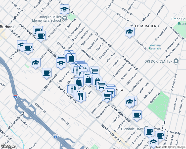 map of restaurants, bars, coffee shops, grocery stores, and more near 1135 Allen Avenue in Glendale