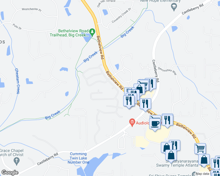 map of restaurants, bars, coffee shops, grocery stores, and more near 5520 Casey Valley Way in Cumming
