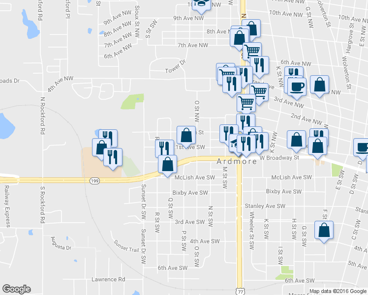 map of restaurants, bars, coffee shops, grocery stores, and more near 1500 1st Avenue Southwest in Ardmore