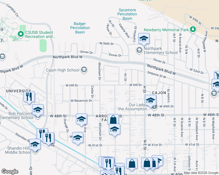 map of restaurants, bars, coffee shops, grocery stores, and more near 1035 West Hill Drive in San Bernardino