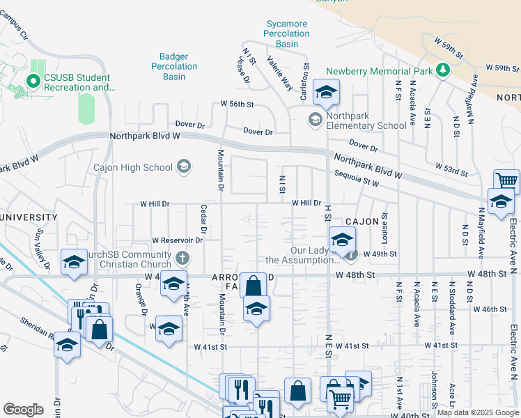map of restaurants, bars, coffee shops, grocery stores, and more near 911 West Hill Drive in San Bernardino
