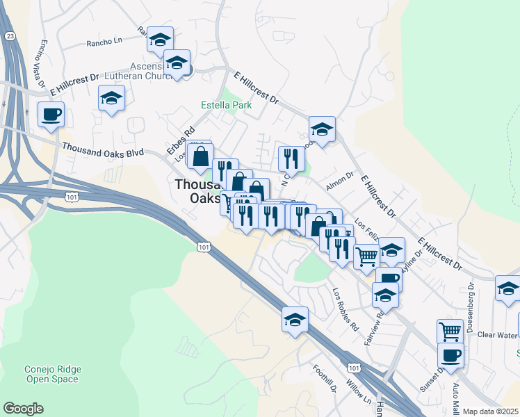 map of restaurants, bars, coffee shops, grocery stores, and more near 2250 South Conejo School Road in Thousand Oaks