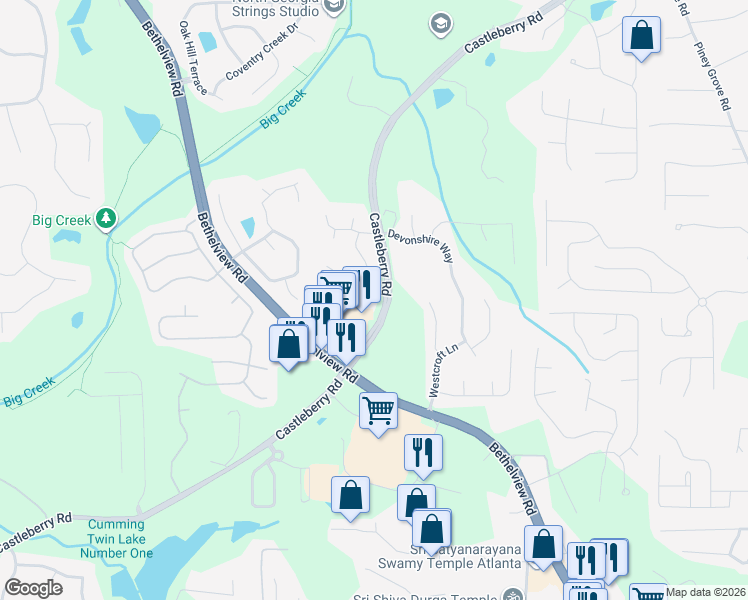 map of restaurants, bars, coffee shops, grocery stores, and more near 5485 Bethelview Road in Cumming