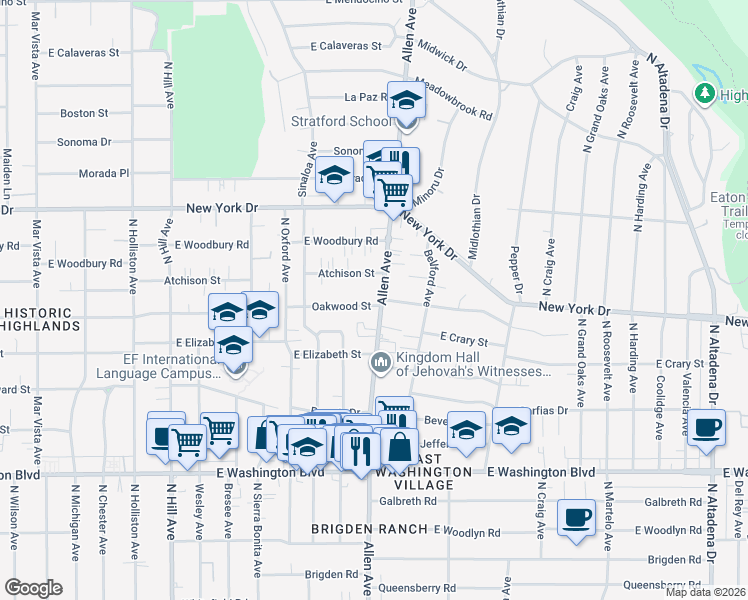 map of restaurants, bars, coffee shops, grocery stores, and more near 1697 Allen Avenue in Pasadena
