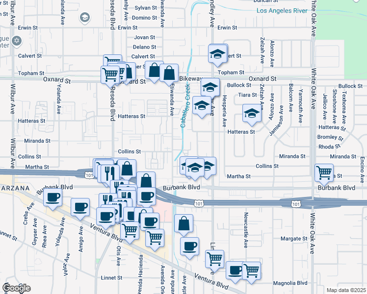 map of restaurants, bars, coffee shops, grocery stores, and more near 5700 Etiwanda Avenue in Los Angeles