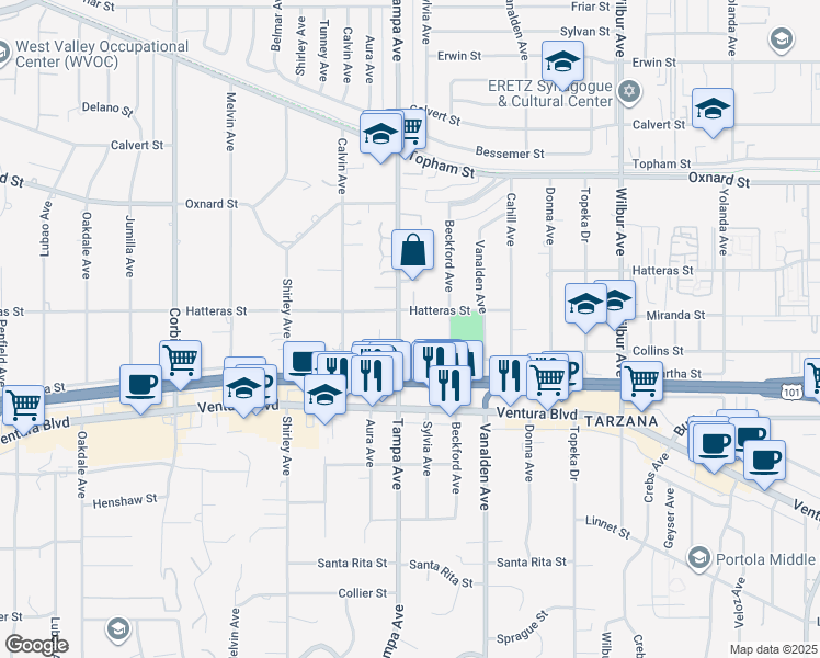 map of restaurants, bars, coffee shops, grocery stores, and more near 5724 Tampa Avenue in Los Angeles