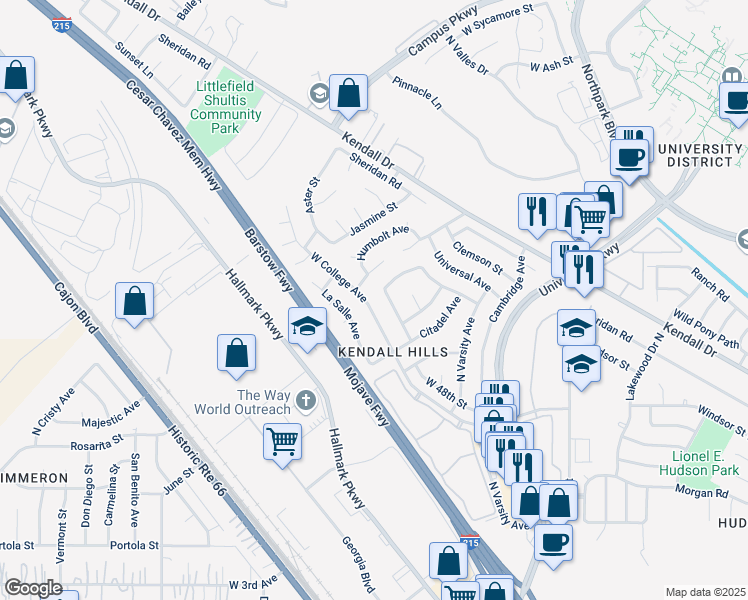 map of restaurants, bars, coffee shops, grocery stores, and more near 2288 West College Avenue in San Bernardino
