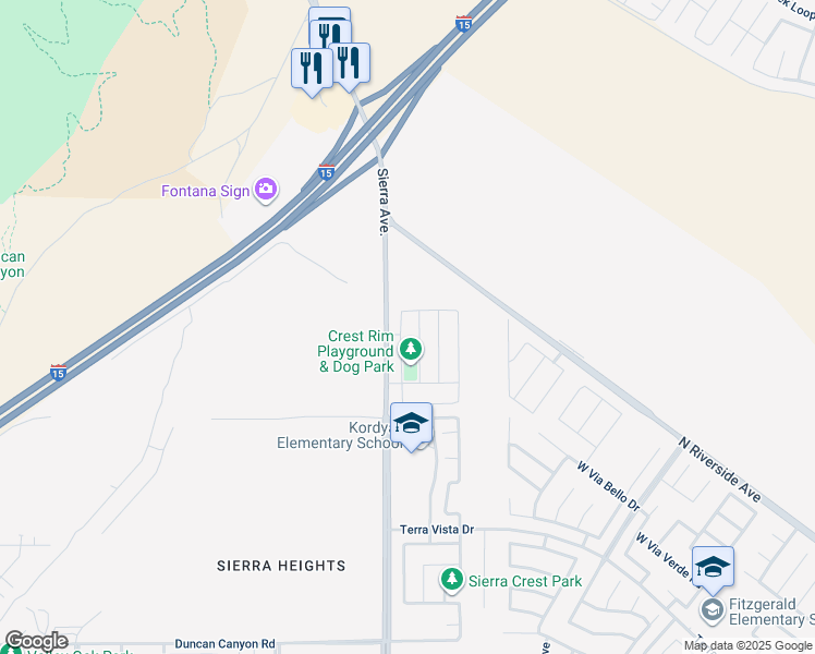 map of restaurants, bars, coffee shops, grocery stores, and more near 4337 Rima Drive in Fontana