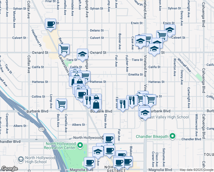 map of restaurants, bars, coffee shops, grocery stores, and more near 5748 Elmer Avenue in Los Angeles