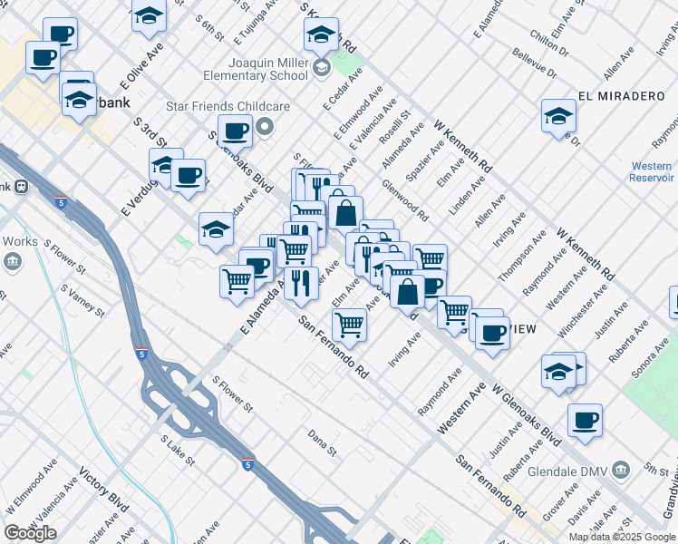 map of restaurants, bars, coffee shops, grocery stores, and more near 1066 Spazier Avenue in Glendale