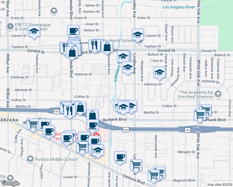map of restaurants, bars, coffee shops, grocery stores, and more near 5700 Etiwanda Avenue in Los Angeles