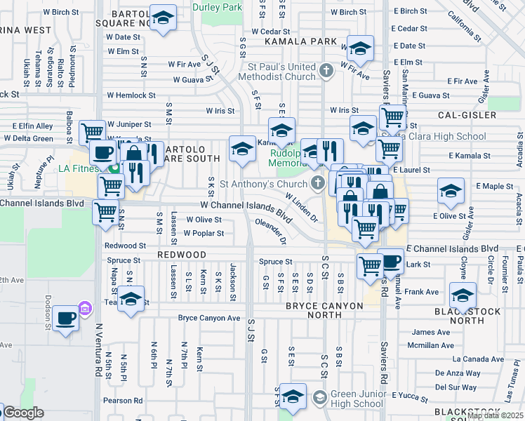 map of restaurants, bars, coffee shops, grocery stores, and more near 710 West Channel Islands Boulevard in Oxnard