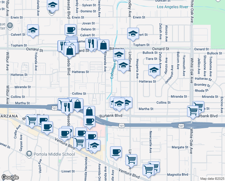 map of restaurants, bars, coffee shops, grocery stores, and more near 5700 Etiwanda Avenue in Los Angeles