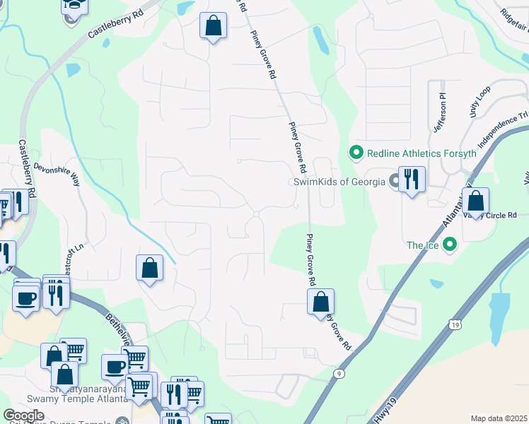 map of restaurants, bars, coffee shops, grocery stores, and more near 5225 Stonehaven View in Cumming