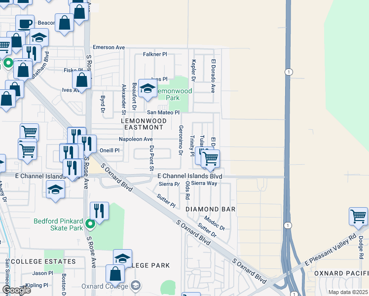 map of restaurants, bars, coffee shops, grocery stores, and more near 2530 Geronimo Drive in Oxnard