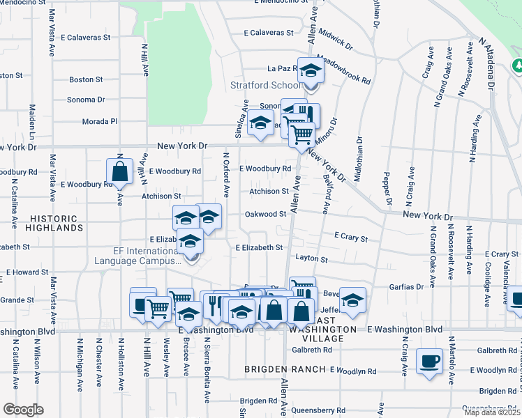 map of restaurants, bars, coffee shops, grocery stores, and more near 1747 Oakwood Street in Pasadena