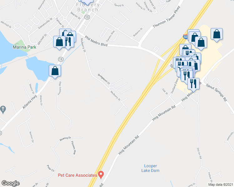 map of restaurants, bars, coffee shops, grocery stores, and more near 5822 Bridgeport Court in Flowery Branch
