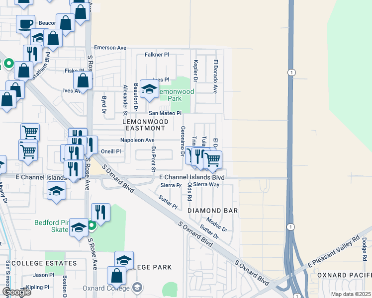 map of restaurants, bars, coffee shops, grocery stores, and more near 2530 Geronimo Drive in Oxnard