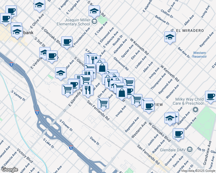 map of restaurants, bars, coffee shops, grocery stores, and more near W Glenoaks Blvd & Elm Ave in Glendale